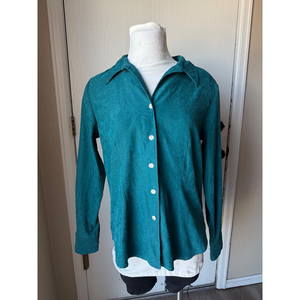 Coldwater Creek Teal Green Crinkle Texture Button Front Blouse Medium H27582